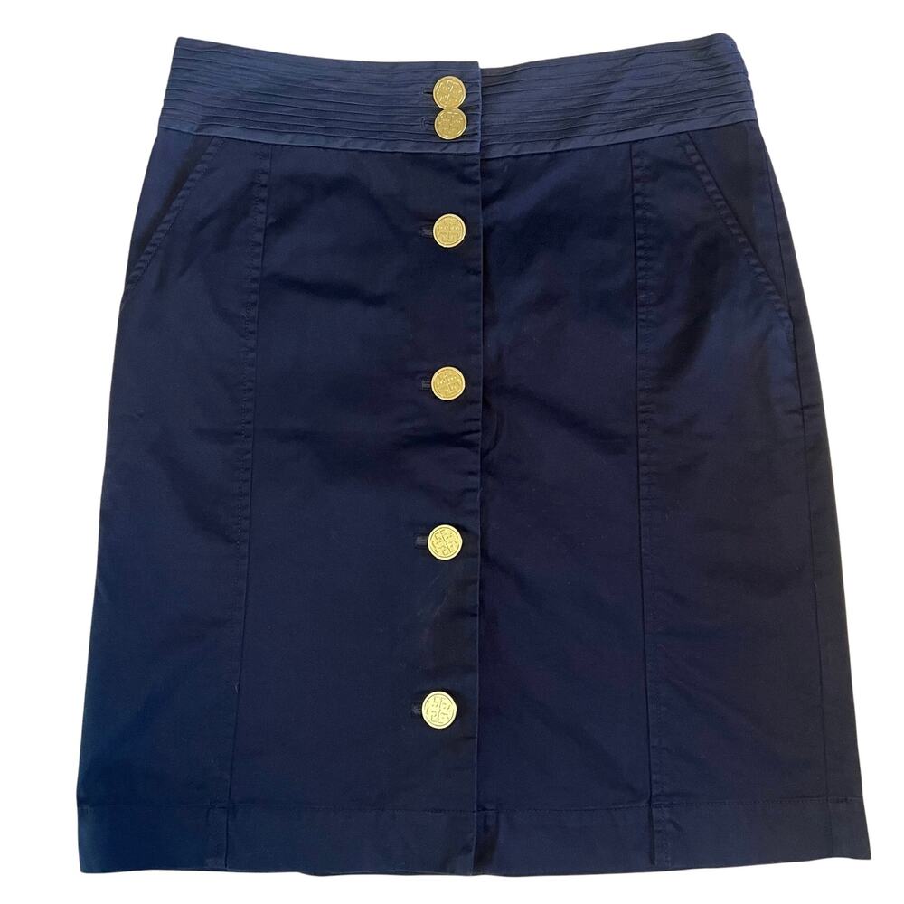 Tory Burch April High Waist Button Front Pencil Skirt Navy Gold Logo Buttons 8